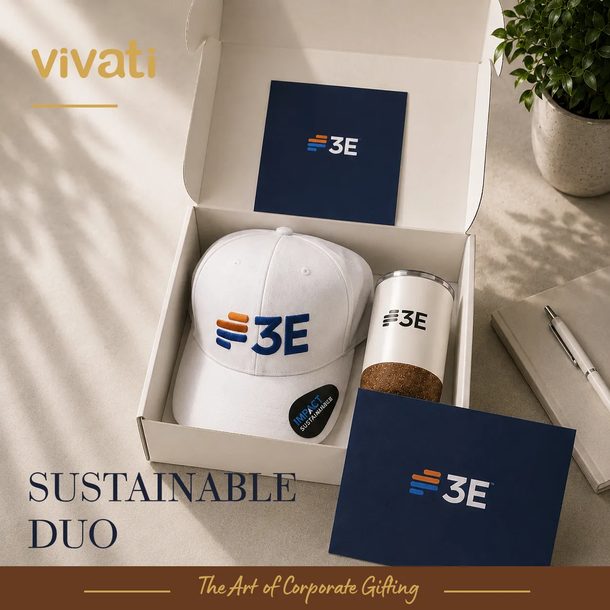 Комплект Sustainable Duo с вакуумна чаша за кафе с корк и спортна шапка Impact AWARE™ RPET от рециклирани материали