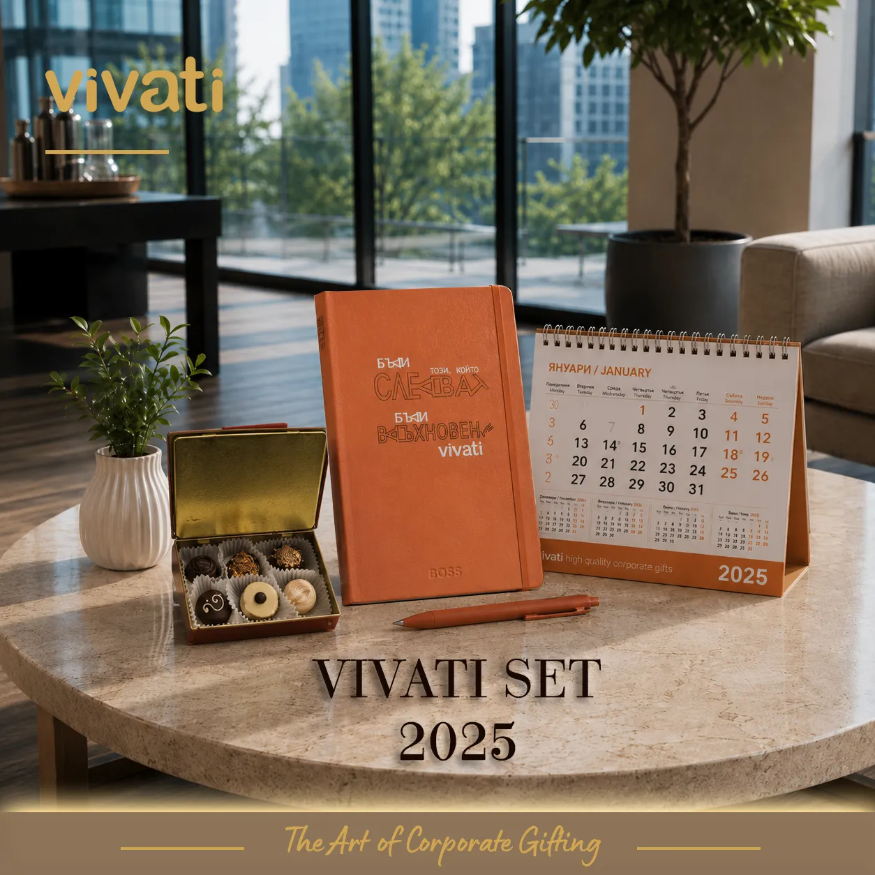 Бизнес комплект Vivati 2025 с офис аксесоари и сладко изкушение