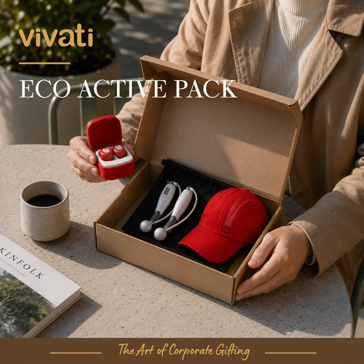 Подаръчен комплект EcoActive Pack с дигитално въже за скачане, безжични слушалки от пшенична слама и спортна шапка в брандирана кутия