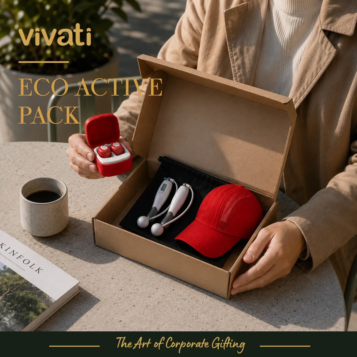 Подаръчен комплект EcoActive Pack с дигитално въже за скачане, безжични слушалки от пшенична слама и спортна шапка в брандирана кутия