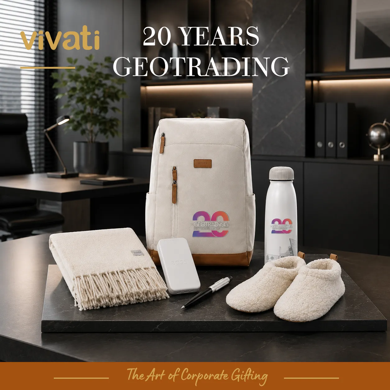 komplekt-20-godini-geotrading1 Подаръчен комплект 20 години Geotrading с раница, бутилка, одеяло, пантофи, външна батерия и химикалка в премиум изпълнение