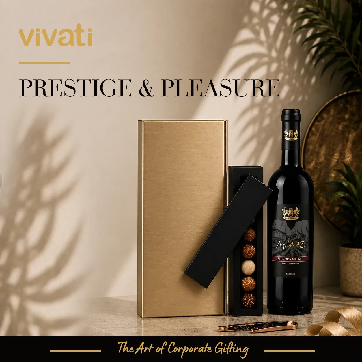 Корпоративен подаръчен комплект Prestige & Pleasure Aurubis с бутилка червено вино и изискани шоколадови бонбони.